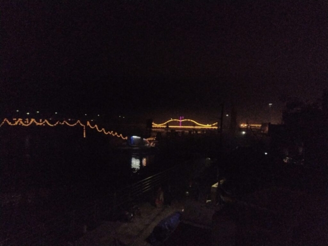Night time view of Har ki Pauri area, Haridwar from Brij Lodge, 22 jan 2024