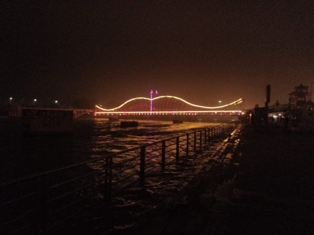 Night time view of Har ki Pauri area, Haridwar from Brij Lodge, 22 jan 2024